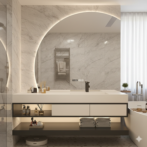 Modern Duvara Monte Çift Lavabolu Banyo Dolabı Seti, Büyük LED Aynalı ve Asma Dolaplı Lüks Banyo Mobilya Seti - Product Image 2