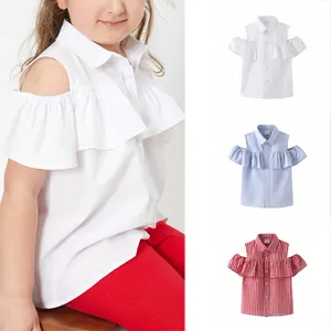 Summer Kids Girls Short Sleeve Button Down Shirts Custom Toddler Girls Ruffle Cold Shoulder Top Blouse
