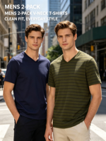 T-shirts à manches courtes en jersey brodé uni 100% coton 220g pour homme, col en V, lot de 2
