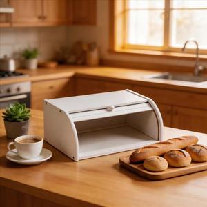 Boîte de rangement pour pain blanche 41x27x18 cm en bambou, conteneur alimentaire de cuisine pour garder les aliments frais, design simple et moderne - Product Image 1