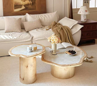 Grande table basse ronde moderne de style nordique pour salon, en bois, finition brillante, onyx blanc, avec plateau en marbre.