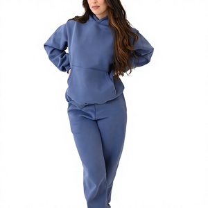 Ensemble de survêtement décontracté pour femme grande taille, sweat à capuche et pantalon de jogging, bleu uni, manches longues, coupe régulière, côtés épais, écologique - Product Image 1