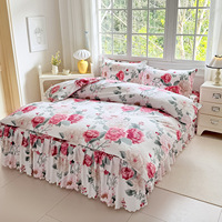 Vente en gros pour le commerce transfrontalier : Jupe de lit et couvre-lit en polyester imprimé floral brossé, style coréen, quatre saisons, avec dentelle, pour matelas Simmons