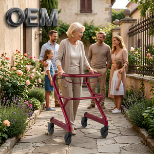 OEM Taiwan Customized Height Adjustable <b>Rollator</b> <b>Walker</b> With Disc Brake For Home Use Red Metal Frame - Product Image 1