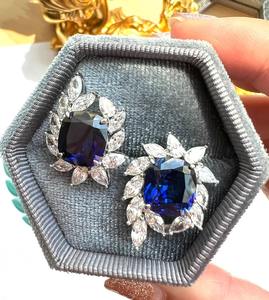 Elegant Silver Royal <b>Blue</b> Stone <b>Stud</b> <b>Earrings</b> Surrounded With Sparkling White Leaf Design Luxury Bridal Party <b>Earring</b> For Women - Product Image 1
