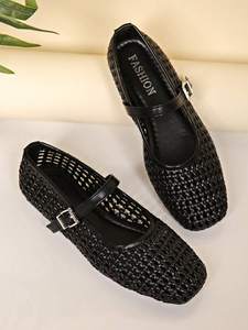 Zapatos planos de ballet tejidos con diseño hueco para mujer, con correa de hebilla, punta redonda, de cuero PU, suela suave, para el hogar, regalo para el Día de la Madre - Product Image 6