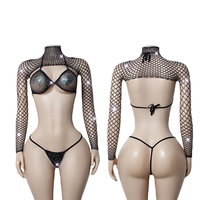 Nieuwe Sexy Hoge Hals Doorschijnende Mesh Lange Mouw Top 3 Stuks Shawl Badpak Sexi Lady Thong Bikini Maillot De Bain