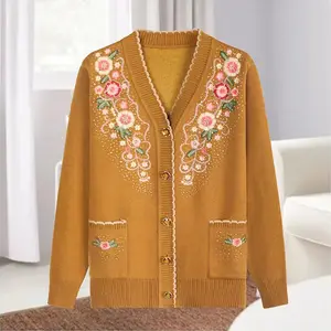 Huachao Hot Apparel V Neck Knit Women Sweater Embroidery Sequined Cardigan Long Sleeves Knit Sweater Of Women