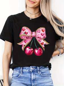 T-Shirt Casual da Donna con Collo Tondo, Stampa Cuori e Ciliegie, per San Valentino, Primavera Estate, Manica Corta, 100% Cotone Jersey, Vestibilità Regolare - Product Image 1