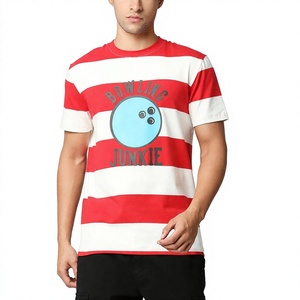 เสื้อยืดคอกลมแขนสั้นลายทางสีแดงขาวสำหรับผู้ชาย ผ้าฝ้าย พิมพ์ลาย Bowling Junkie ทรงปกติ ผ้าเจอร์ซีย์ถัก ระบายอากาศได้ดี - Product Image 1