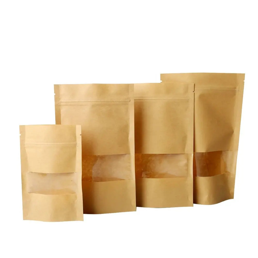 Recyclebare Doypack Stand Up Pouch Zip Lock Biologisch Afbreekbare Kraft Papieren Zak Voedselverpakking Papieren Zak Met Venster