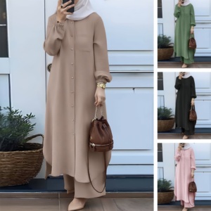 Set Casual da Donna con Stampa alla <span class=keywords><strong>Moda</strong></span>, Camicetta a Maniche Lunghe con Bottoni + Pantaloni Larghi, Nuovo Completo Stile Arabo per Signore del Medio Oriente - Product Image 6