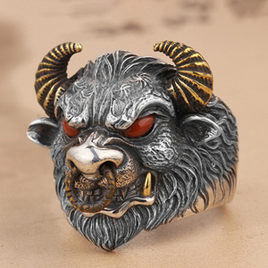 Đẹp Thiết Kế Độc Đáo S925 Bạc dát đồng Động Vật Cổ Điển bò Head Finger Nhẫn Ban Nhạc Cho Nam Giới - Product Image 3