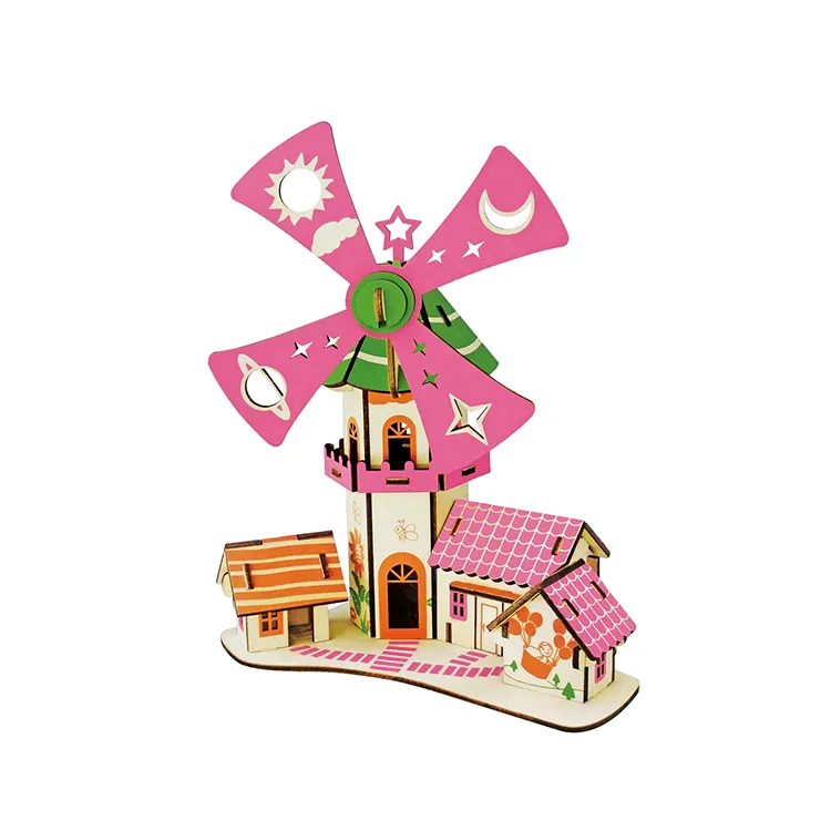 BZQ Fancy Windmill House 3D Wooden Puzzle Jigsaw DIY Toy For Kids