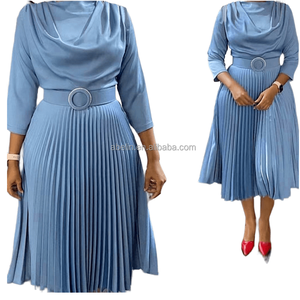 2023 Europeus e americanos recém-chegados saia plissada mulheres africanas plus size senhora do escritório vestido azul claro com cinto - Product Image 1