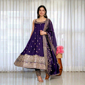 Traje Anarkali Azul Oscuro Bordado, Ropa India y Pakistaní, Conjunto Salwar Kameez con Dupatta para Fiesta o Boda - Product Image 1