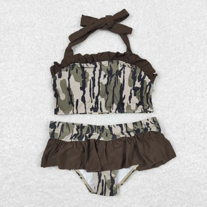 Traje de baño para niñas pequeñas para la temporada de verano, estampado de camuflaje, sin mangas, con pantalones cortos y volantes, trajes de baño de 2 piezas - Product Image 6