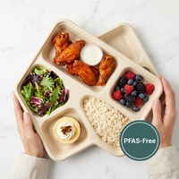 Plateau repas en bagasse biodégradable sans PFAS, assiette alimentaire en canne à sucre compartimentée, vaisselle de traiteur conforme à la réglementation européenne