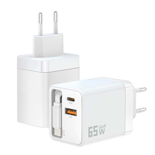 Supplier 65W GaN USB C Type C PD QC3.0 Travel Adapter USB-A Ports Wall Charger Retractable Cable US EU UK Plug OEM Wall Charger