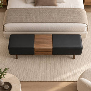 Modern Ash Solid Wood <b>Storage</b> Ottoman Upholstered Stool Leather Look Bed End <b>Bench</b> Entryway <b>Seat</b> - Product Image 3
