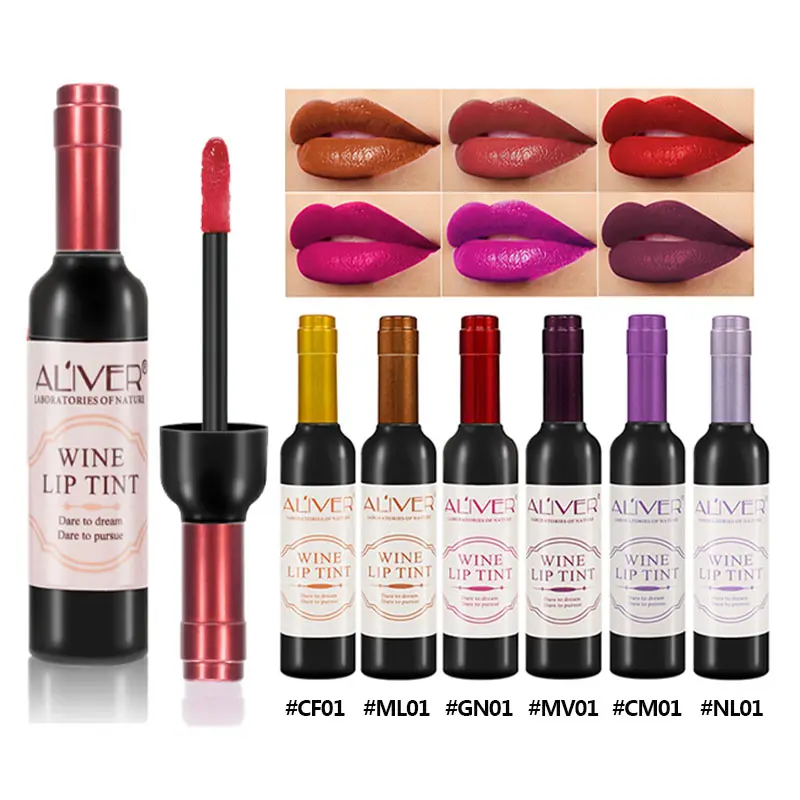 ALIVER Diskon Besar Label Pribadi 6 Warna Desain Botol Anggur Lipstik Tahan Air Matte Lip Gloss Lipstik