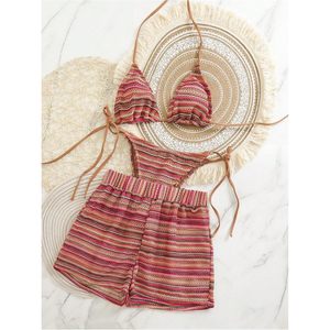 Women's 3 Piece Striped <b>Bikini</b> <b>Set</b> Halter <b>Triangle</b> Top With Shorts Vintage Swimwear Beachwear Stretch Spandex Polyester - Product Image 5