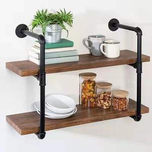 दीवार फ्लोटिंग शेल्फ विंटेज लकड़ी धातु देहाती फार्महाघर भंडारण लोहे के लिए भंडारण लोहे पाइप रैक - Product Image 4