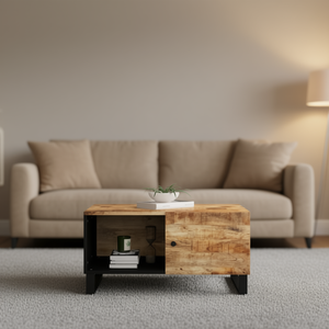 Natural Wood Coffee <b>Table</b> With Storage Modern Living Room Furniture <b>Brown</b> Metal Frame - Product Image 2