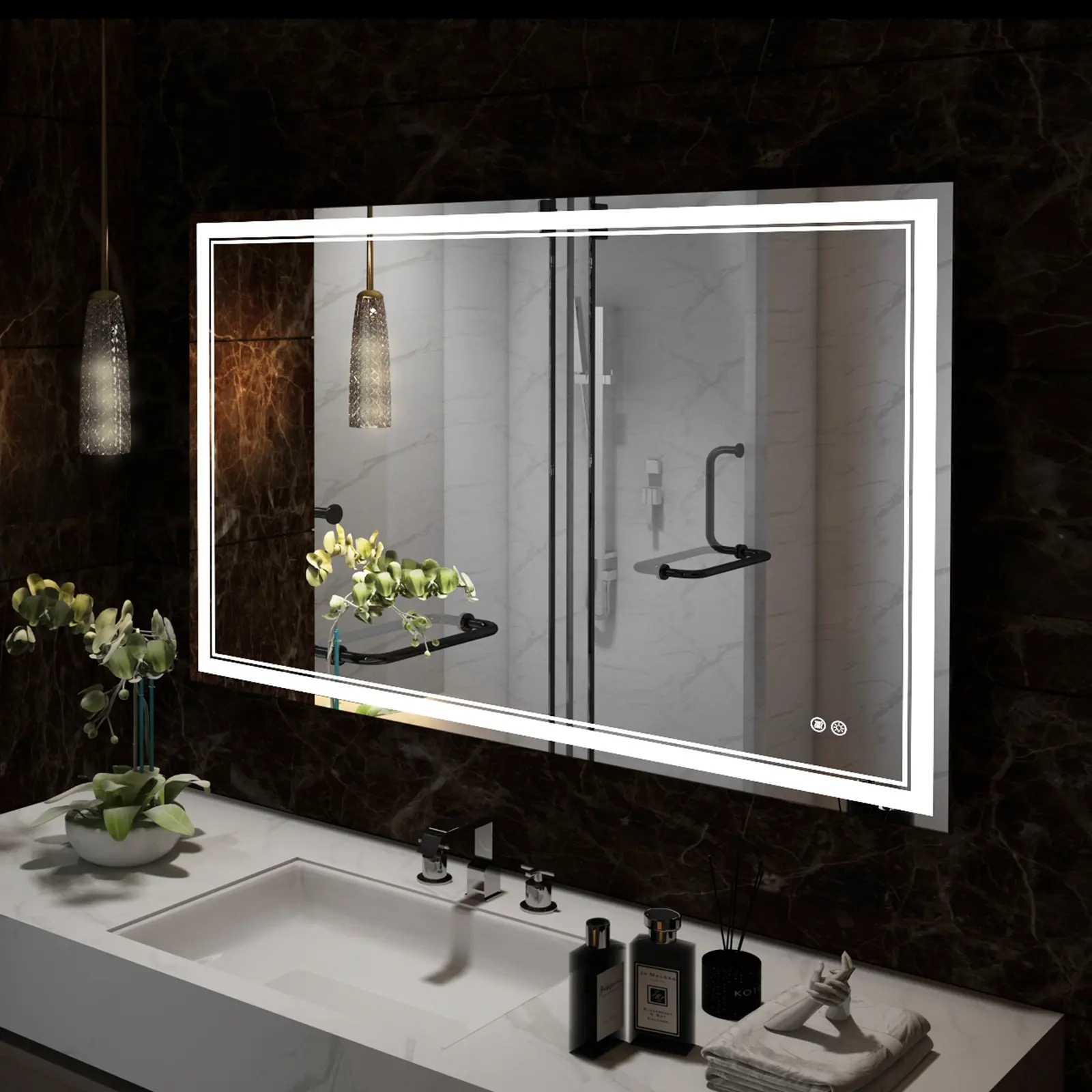 Led מראה בחדר אמבטיה עמיד למים יהירות מראה עם אישי מותאם אישית חזרה מואר מואר לשלושה צבע אורות
