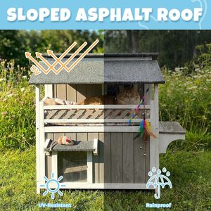 Maison <span class=keywords><strong>pour</strong></span> <span class=keywords><strong>chat</strong></span> en bois, intérieur/extérieur, résistante aux intempéries, à deux étages, fermée, multi-niveaux, avec toit en asphalte, toutes saisons - Product Image 6