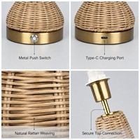 Lampe de table sans fil rechargeable en rotin naturel, abat-jour tressé, batterie 5200 mAh, commande tactile, idéale pour hôtels et décoration intérieure