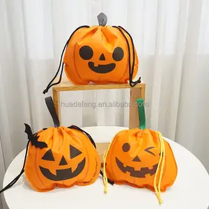 Оранжевая Нетканая сумка со смайликом и тыквой на шнурке, нетканые пластиковые мешочки для ювелирных изделий, сумки для вечеринки на Хэллоуин