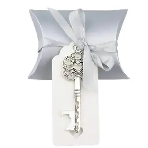 Wedding Favor Gift for Guests Silver Vintage Skeleton Key Bottle Opener with Escort Card Tag Pillow Candy Box and ribbon