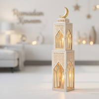 Décoration de maison pour le Ramadan 2027, lanternes marocaines en métal à 2 niveaux dorées et beiges avec une croissant de lune
