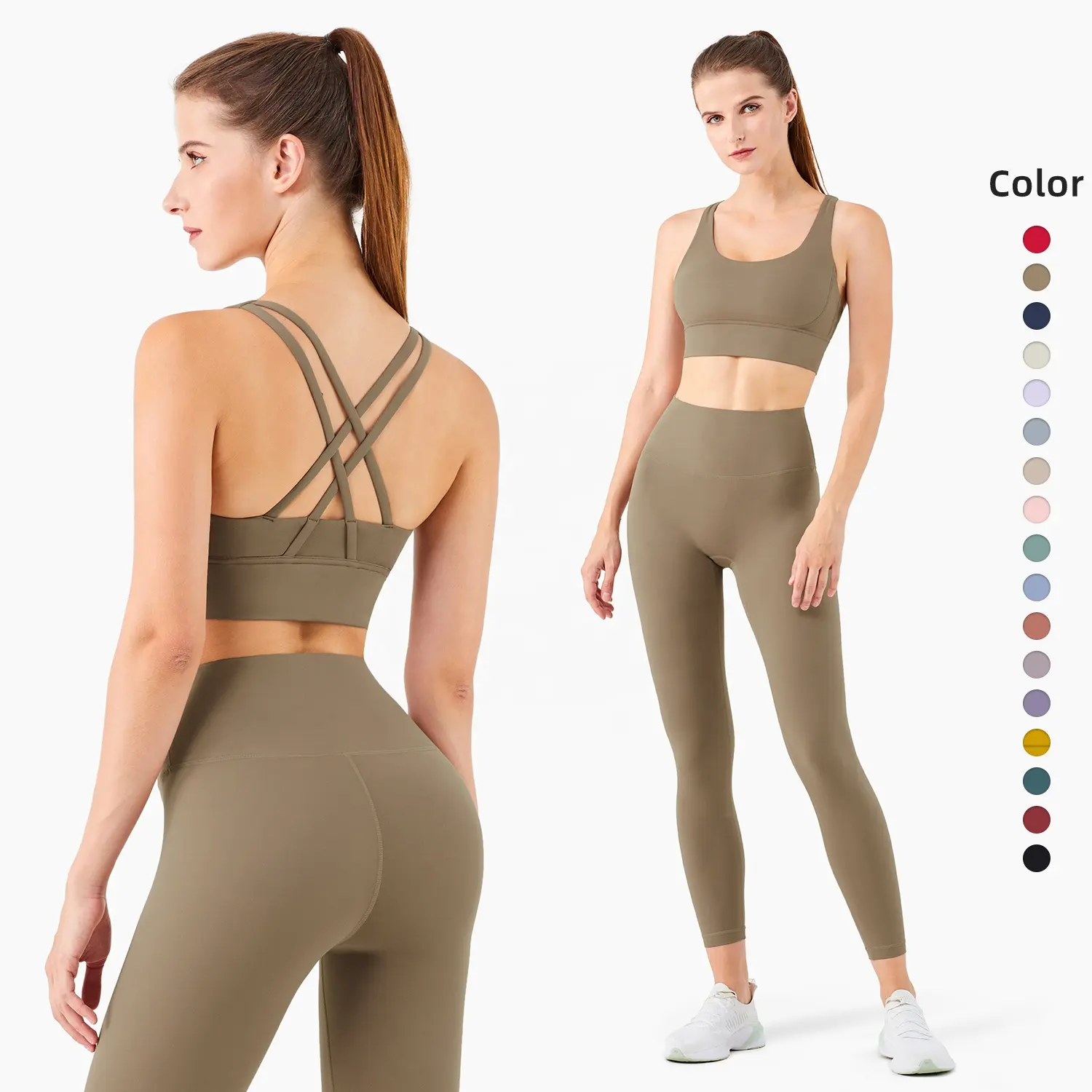 Conjunto de Yoga suave de dos piezas con bolsillo trasero, mallas de gimnasio, Sujetador deportivo Sexy para mujer, venta al por mayor