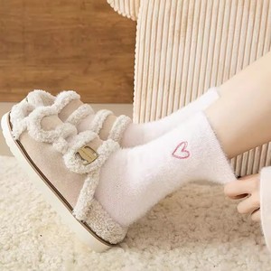 Cute Solid Color Heart Embroidered Fleece <b>Socks</b> For Women Warm Soft Sleep Floor <b>Socks</b> - Product Image 4