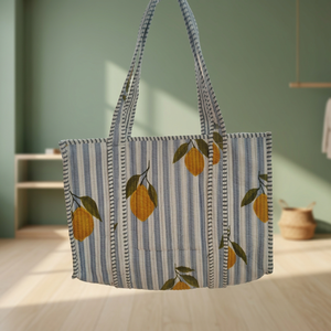 Bolsa de Mano de Algodón a Rayas Azul Cielo de Diseño Moderno con Estampado de Limones, Estilo Bohemio, Casual de Verano, Abierta, para Compras, para Mujer - Product Image 4