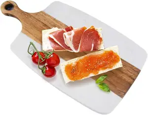 Papan pemotong keju marmer putih dan kayu Acacia dengan pegangan, nampan saji, piring Charcuterie untuk keju, buah, daging