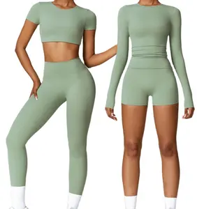 Fabrika spor dikişsiz kadınlar uzun kollu Yoga 4 parça Set spor kırpma üst tayt egzersiz spor giyim Fitness Yoga giyim