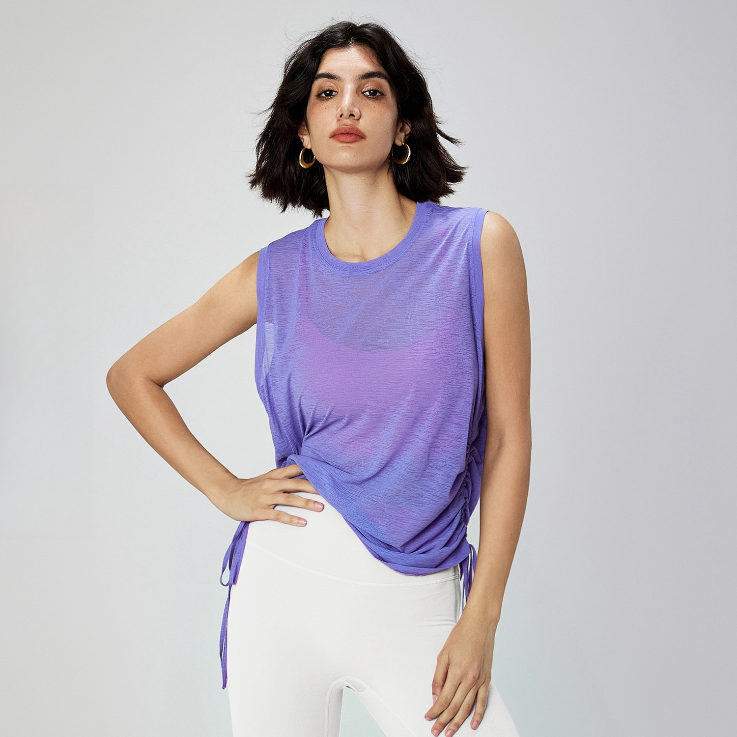 Slub Yarn Summer Breathable Yoga Vest Women's Round Neck Sleeveless Blazer Hem Drawstring Yoga Smock