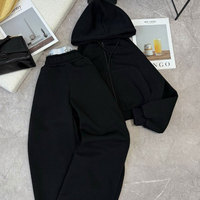 Ensemble sweat-shirt et pantalon de survêtement en coton épais et doux, coupe courte et ample, marron, avec fermeture éclair personnalisée, taille haute, ourlet incurvé, prérétréci