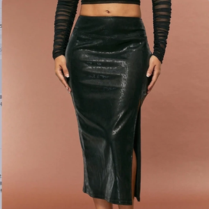 D&amp;M Hot Sales High-waisted Wholesale Women's Slit Slim Mid-length Hip Wrap <strong>Split</strong> Hem PU Leather Midi <strong>Skirt</strong> for Women - Product Image 2