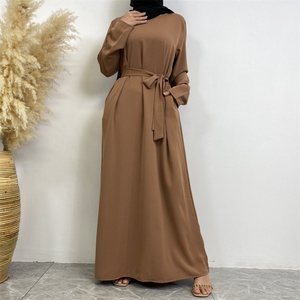 Muslim Women Basic Closed Abaya With Side Pockets in Premium Nida Inner Dress Slim Long Sleeves 13 Colors 6597# - Product Image 4