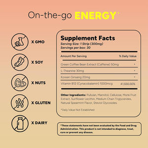 Complément alimentaire en bandes orales à action rapide, sans gluten, à base de grains de café vert, pour soutenir la récupération sportive et l'énergie, emballage personnalisé OEM/ODM. - Product Image 5