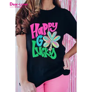 Dear-Lover Trending Products Black Happy GO Lucky Clover Print Crew Neck T Shirt