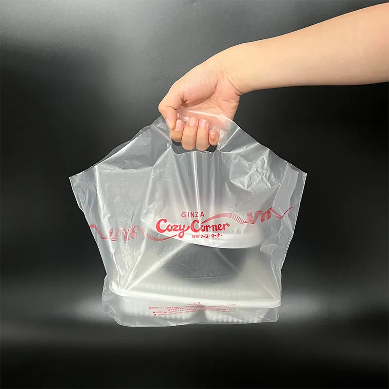 卸売環境にやさしいカスタムロゴレストランスクエアボトム配送食品プラスチックウェーブハンドルテイクアウトキャリアバッグ