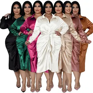 Elegant Satin Plus Size Women Shirt Dress Sexy Ruched Long Sleeve Lace Up Evening Party Midi Dress Vestido Africano Feminino