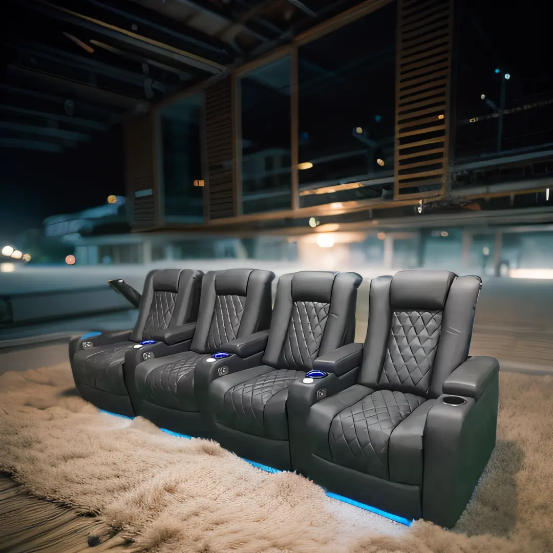 Zwart Nappa Lederen Sofa Moderne Home Cinema Zitplaatsen Met Bed En Usb-Laadpoort Populair Theater Meubilair