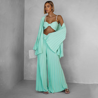 Ensemble plissé 3 pièces pour femme : haut bandeau à bretelles perlées, kimono à manches larges et pantalon large – 5 couleurs, tailles S-XXL
