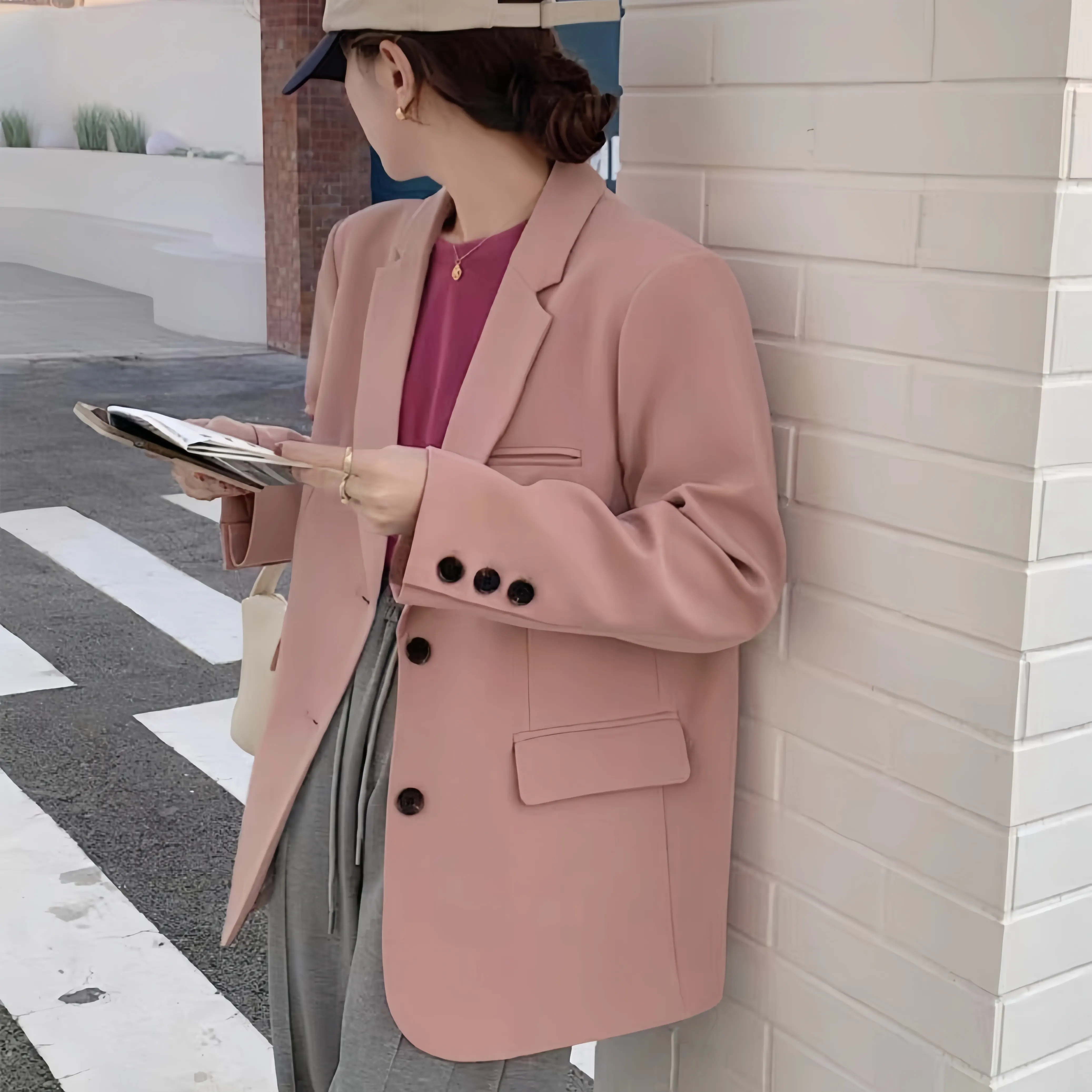 Blazer feminino slim forrado, casaco de manga comprida com bolsos, casaco de moda feminina para escritório, casaco de manga longa